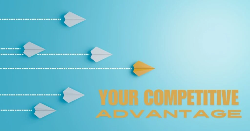 paper planes with one leading the race with text at the bottom right corner saying "your competitive advantage"